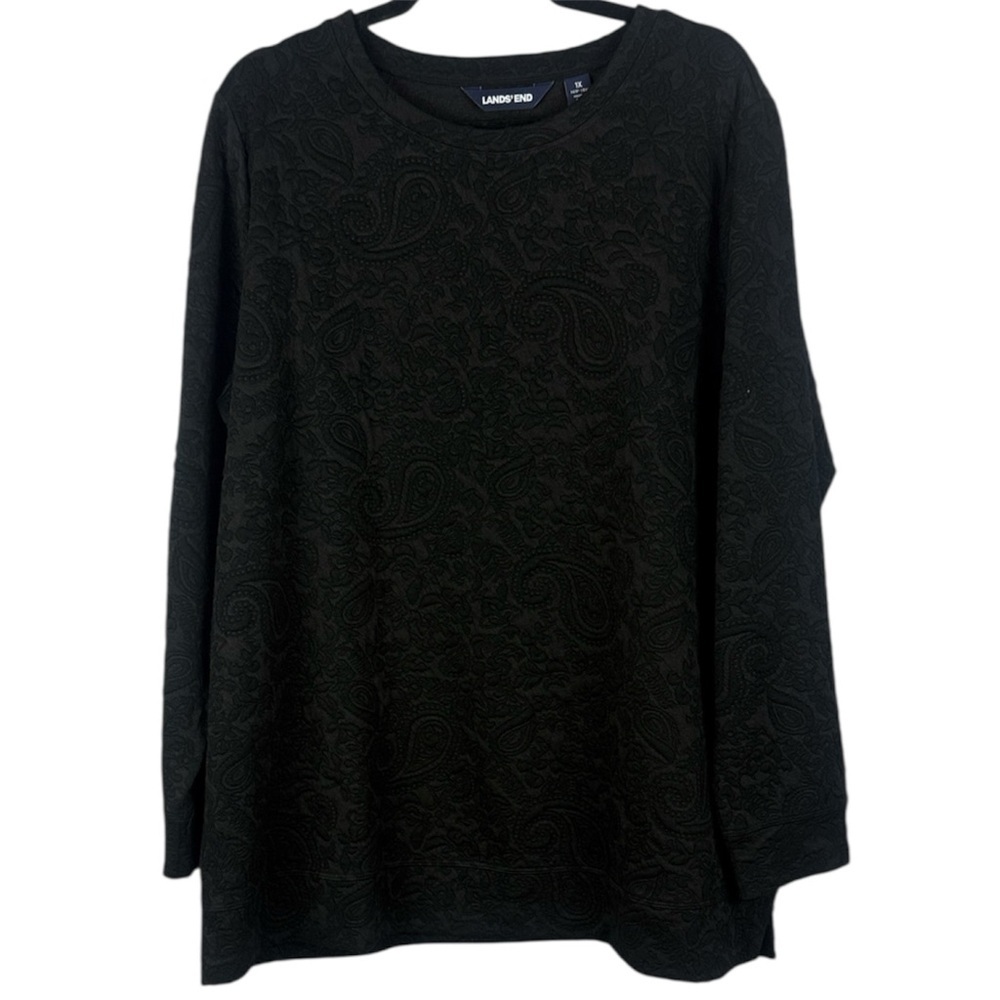 Lands' End Black Paisley Damask Jacquard Crew Neck Long Sleeve 1X Sweatshirt